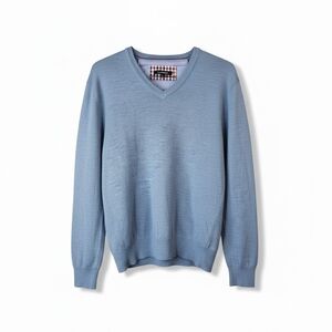 Bruun & Stengade Blue Wool Blend V Neck Sweater Mens Large Lightweight Pullover